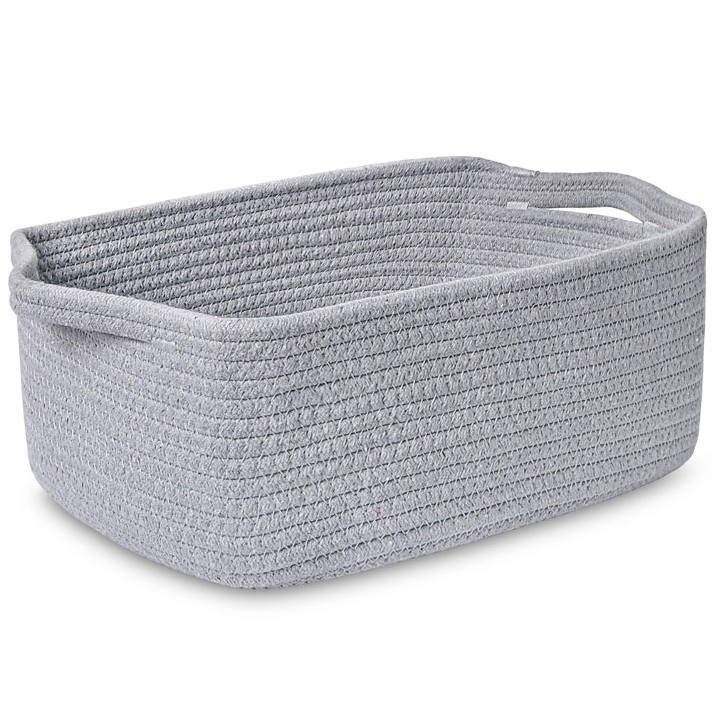 ABenkle Small Storage Basket with Handles, Cotton Rope Woven Dog Cat Toy Bin, Decorative Shelves Closet Organizing for Nursery Laundry Bedroom Bathroom, 14.2''x 11''x 5.1''