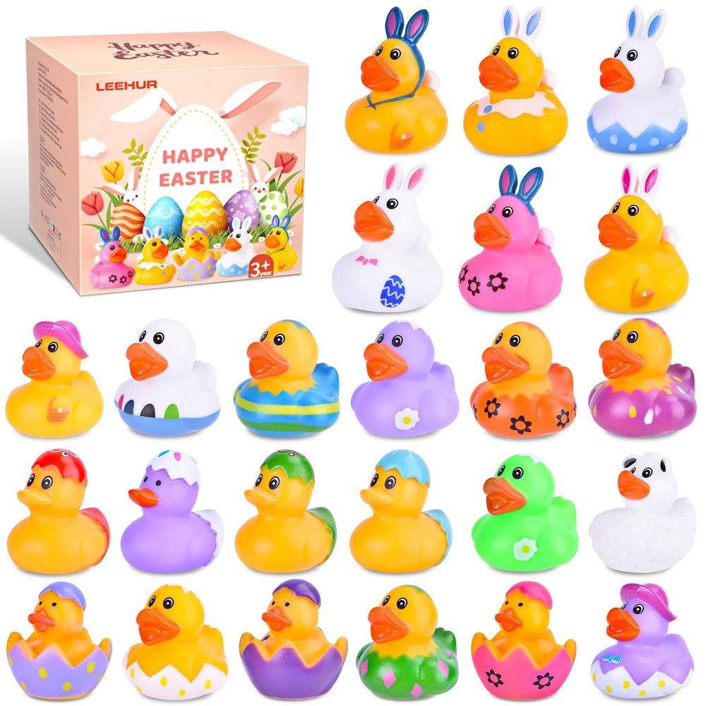 24 Pcs Easter Rubber Ducks, Assortment Duckies in Bulk for Ducking, Mini Rubber Duckies for Kids Baby Bath Pool Toys, Floater Duck Easter Basket Stuffers and Party Favors