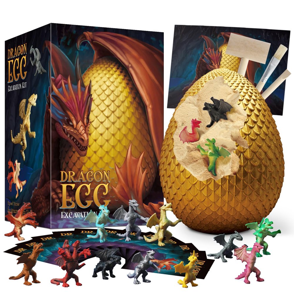 Gamerside Jumbo Dragon Egg, Dragon Dig Kit - Dig Up 12 Unique Dragons, Gaint Dragons Toys for Kids, Educational STEM Gift Easter Egg for Boys Girls, Discover Paleontology and Archaeology
