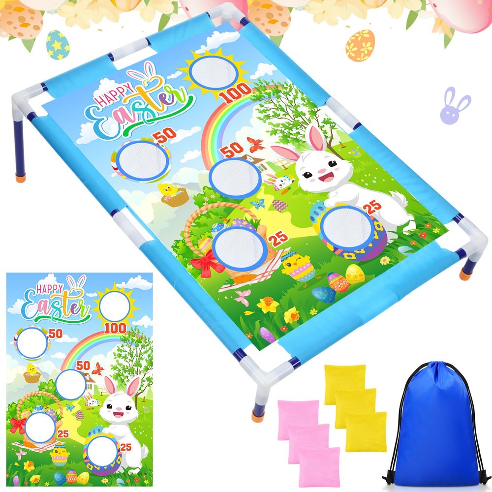 Gemscream Easter Bean Bag Toss Games with 6 Bean Bags Bunny Portable PVC Framed Cornhole Game Set for Easter Family Holiday Birthday Outdoor Game Party