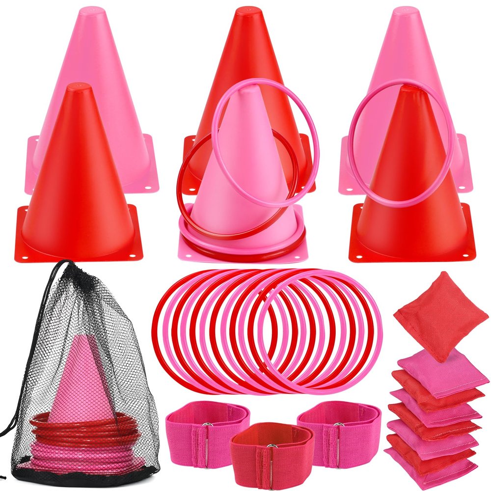 33pcs 4 in 1 Valentines Day Games for Kids with Ring Toss, Plastic Cones, Bean Bags, 3-Legged Race Bands, Carnival Valentine's Games Activity Combo Set for Kids Classroom Indoor Outdoor Party Yard
