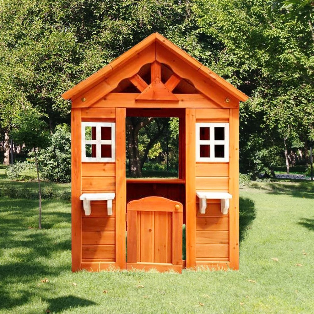 Veemuaro Playhouse Outdoor Wooden Kids Boys Girls with 2 Windows and Flowerpot Holder, 42" Lx46 Wx55 H, Garden Lawn Patio Yard