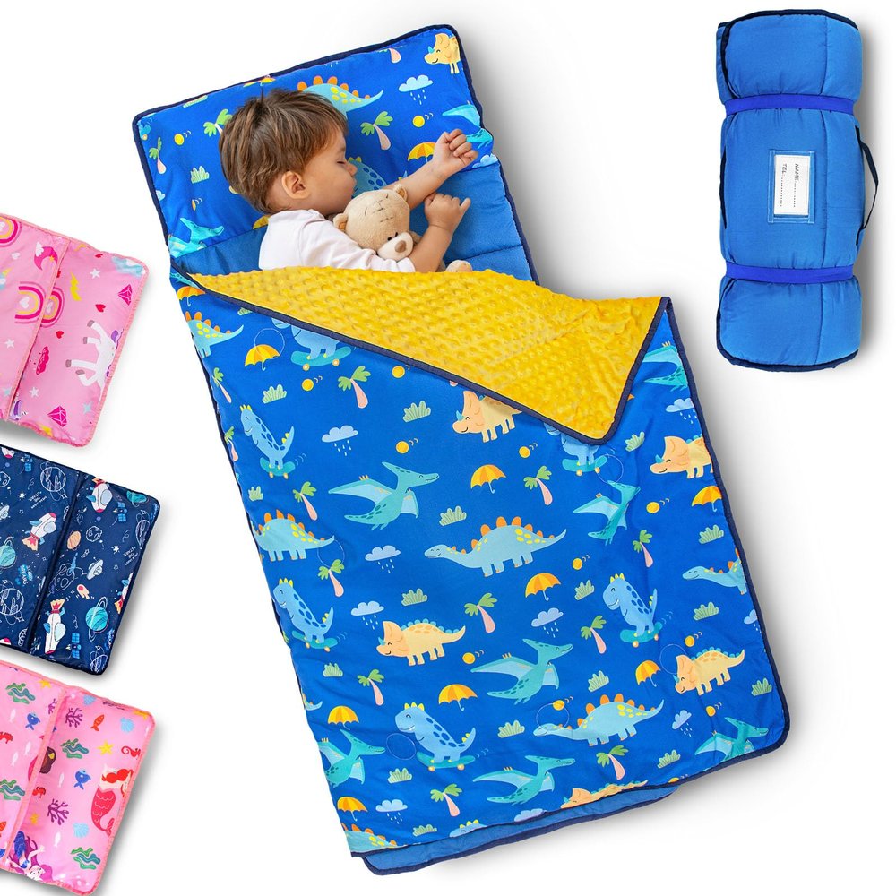 Primlect Toddler Nap Mat with Removable Pillow and Fleece Blanket, Extra Large 55''x35'' Sleeping Bag, Washable, Light, Easy to Roll up, Perfect for Daycare, Preschool, Kindergarten, Travel