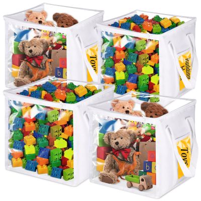 EVELOMO 4 Pack Clear Toy Storage Bin with Lids - 12" x 12" Cube Toys Storage Bag, Foldable PVC Boxes with Handles, Storage Organizers for Toys, Clothes, Blocks, Stuffed Animal Storage(White)