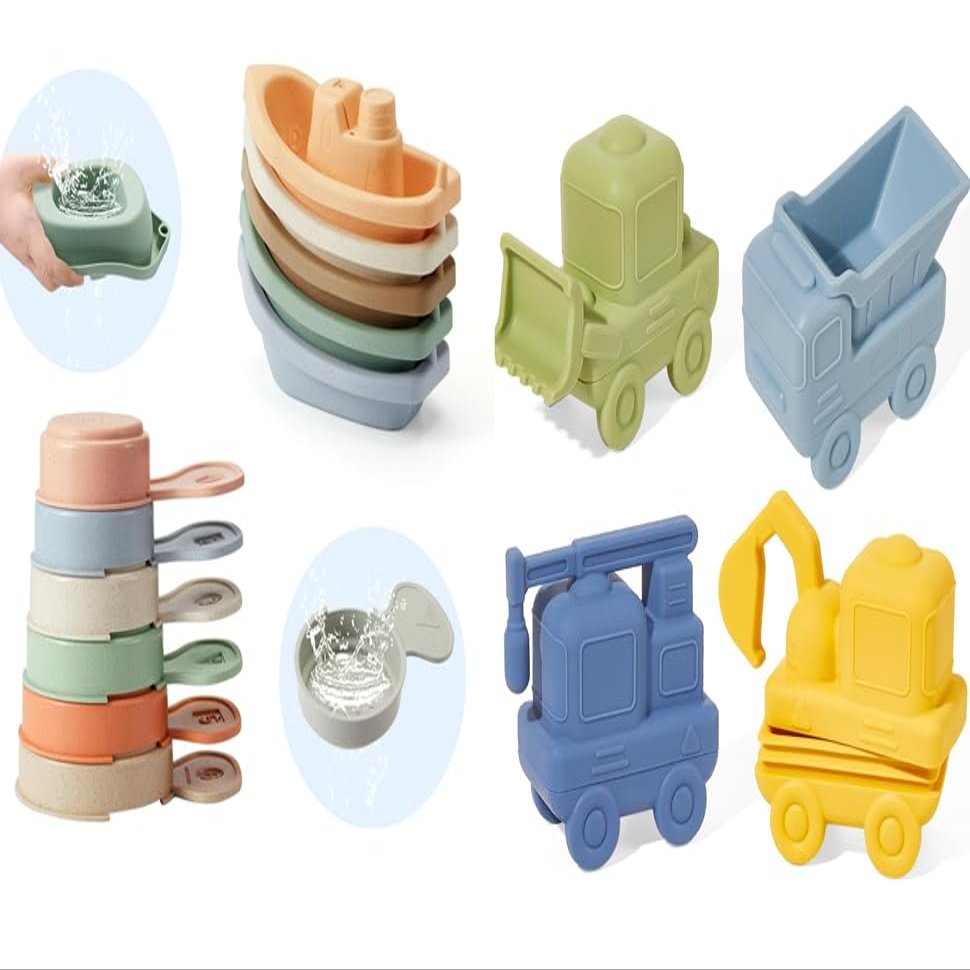 11 PCS Bath Toys Floating Boats with Bathing Spoon + 4 Pack Food-Grade Silicone Cars Bath Toys