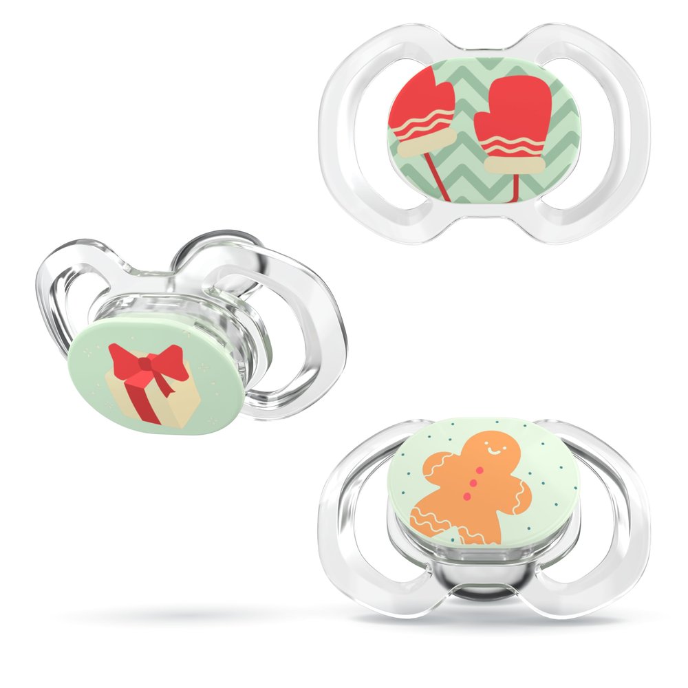 Smilo Baby Christmas Pacifier - 3 Pack of Slimline Dummies for Babies from 9+ Months - 100% Silicone Glow in The Dark Binky BPA Free - Christmas Time