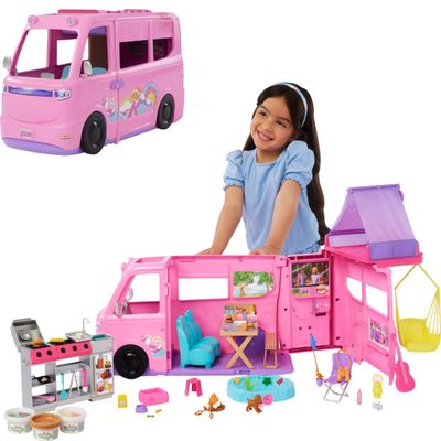 Barbie Dream Camper Playset with Roof Tent, Swing Chair, Fishing Pond, BBQ Grill with Color-Change Feature & 60+ Accessories Including Dough