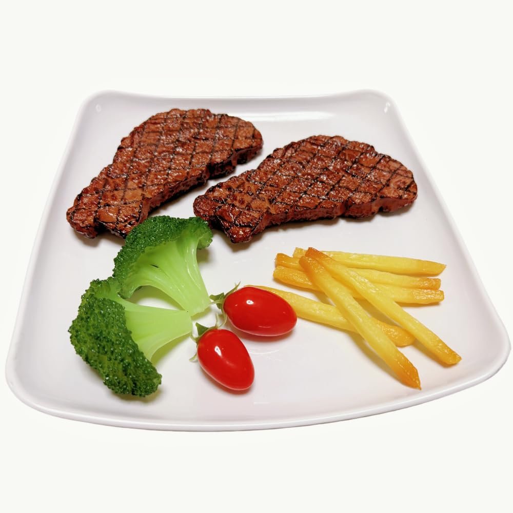 12pcs Fake Steak Model Set,2 pcs Fake Steak with Fake Broccoli Slice, Fake Tomato and Fake Fries,Simulation Food,Realistlike Steak, Fake Cooked Roast Beef,Photography Meat Props,Artificial Steak