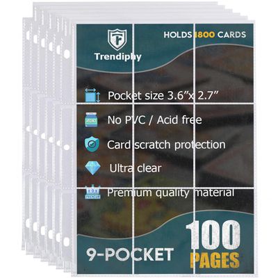 1800 Pockets Trading Card Sleeves, Premium 9-Pocket 100 Pages, Double-Sided Baseball Binder Sleeves, Protectors Binder Sheets for TCG Card Storage - Fits 3 Ring Binder (100 Sheets)