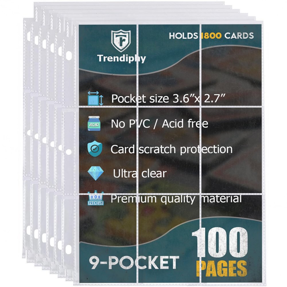 1800 Pockets Trading Card Sleeves, Premium 9-Pocket 100 Pages, Double-Sided Baseball Binder Sleeves, Protectors Binder Sheets for TCG Card Storage - Fits 3 Ring Binder (100 Sheets)