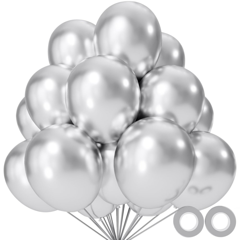 110pcs Metallic silver Balloons, Metallic silver Latex Balloons 12 inch, silver Balloon for Birthday Party Baby Shower Wedding(with 2 Ribbons).