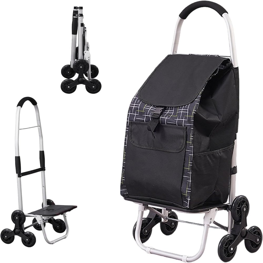 Shopping Trolley Stair Climber 2-in-1 Portable Waterproof Shopping Trolley Foldable Removable Bag 6 Wheels Shopping Aid Trolley-Black