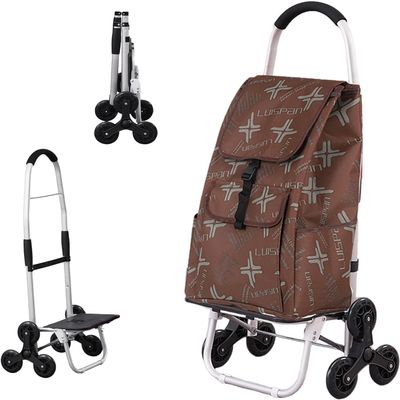 Shopping Trolley Stair Climber 2-in-1 Portable Waterproof Shopping Trolley Foldable Removable Bag 6 Wheels Shopping Aid Trolley-Brown