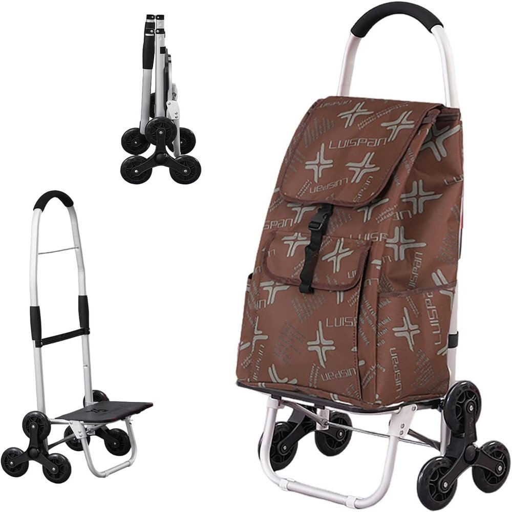 Shopping Trolley Stair Climber 2-in-1 Portable Waterproof Shopping Trolley Foldable Removable Bag 6 Wheels Shopping Aid Trolley-Brown
