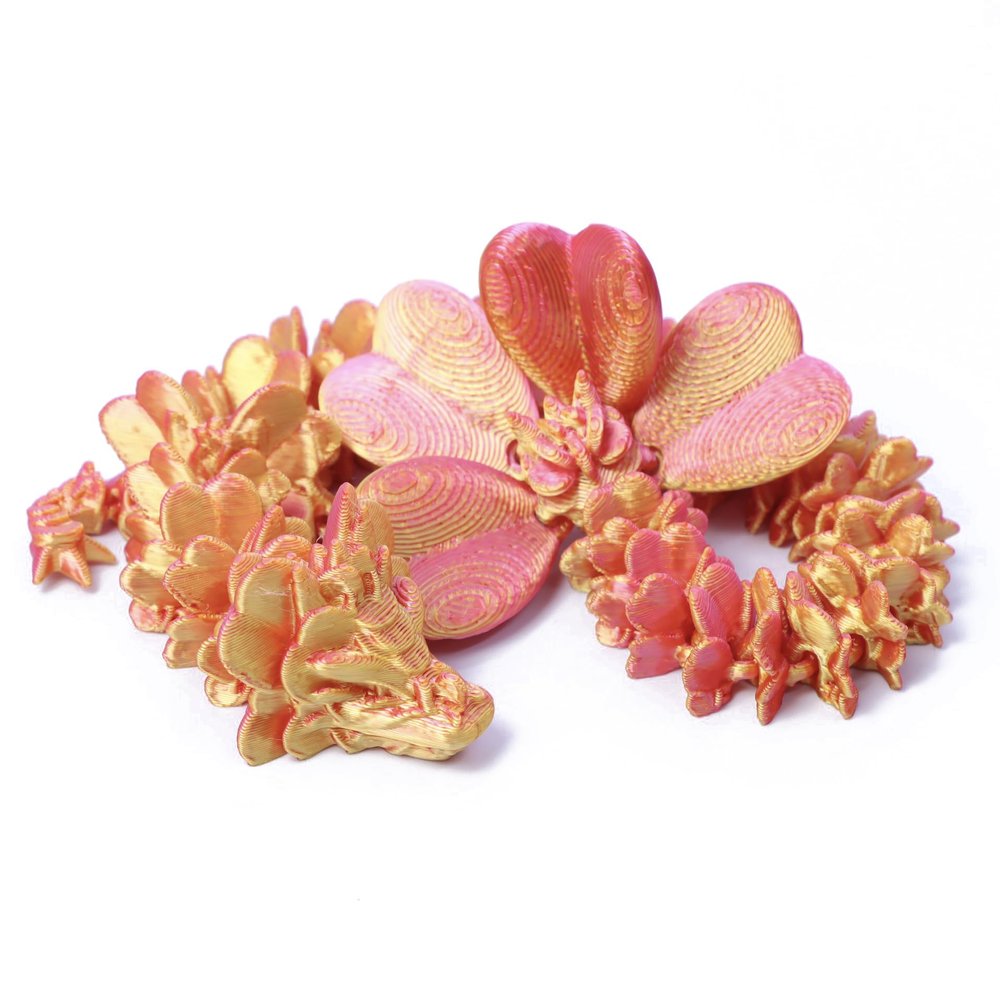 3D Printed Lucky Clover Dragon | Flexible Dragon Fidget | Four Leaf Clover Plant Creature Toy | Articulating 3D Printed Fidget (Red Gold, 22cm/8.6inch)