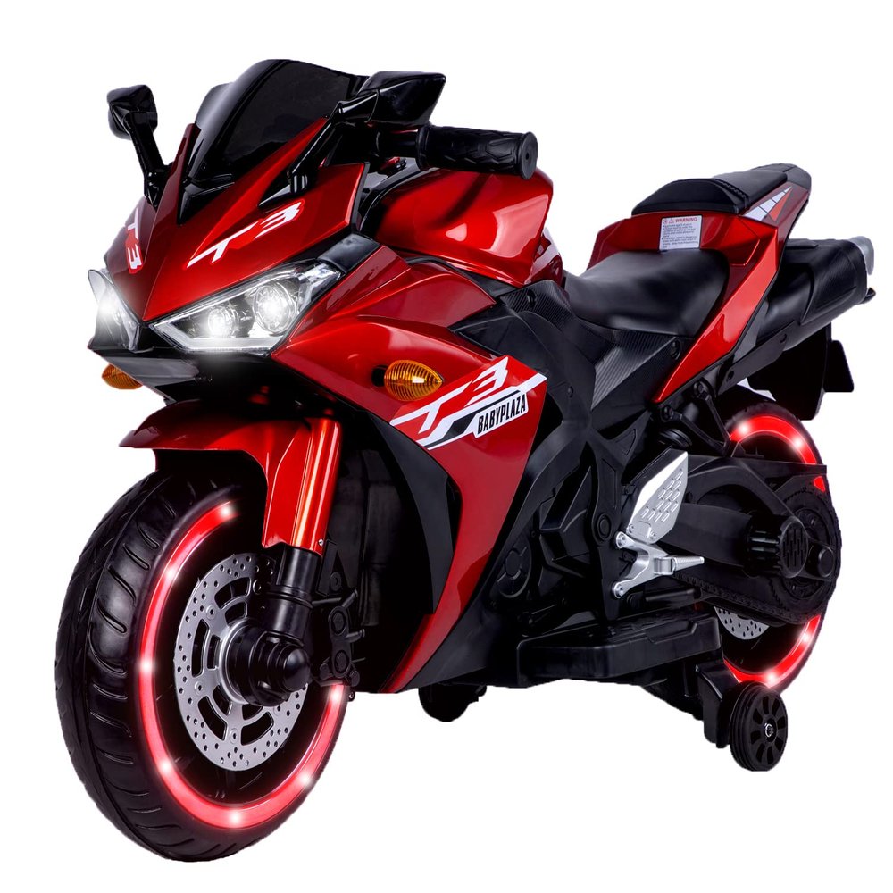 WEEROCK Kids Electric Motorcycle with Trainning Wheels for 3-8 Years(43-59in), Boys Girls Ride on Electric Motorbike, Hand Drive for Child Electria Toy Gift, Red