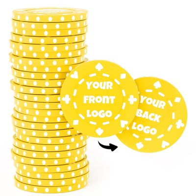 50 Custom Clay Poker Chips, Imprinted in Full Color with Your Logo, Image or Text, 40mm Heavy 11.5 Grams Casino Sized Clay Poker Chips with Logo for Bar Drink Tokens, Card Club or Golf Club (Yellow)
