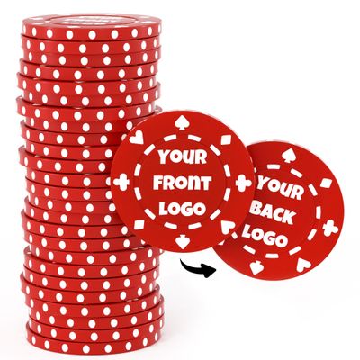 50 Custom Clay Poker Chips, Imprinted in Full Color with Your Logo, Image or Text, 40mm Heavy 11.5 Grams Casino Sized Clay Poker Chips with Logo for Bar Drink Tokens, Card Club or Golf Club (Red)