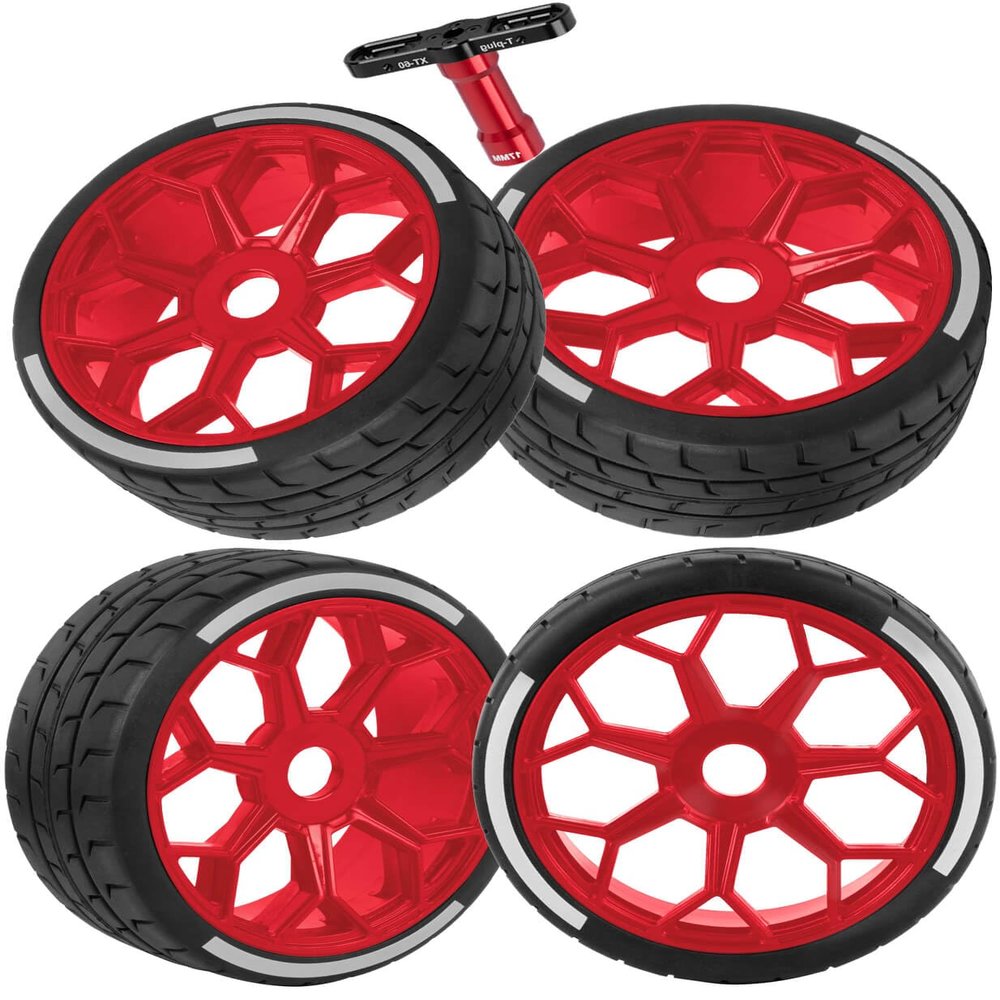 BRCatWPark RC Highway Tires Wheel for 1/8 Typhon 6s BLX,1/7 Infraction 6S BLX,Limitless,4PCS RC Drift Tires Rubber RC Highway Wheel,Red
