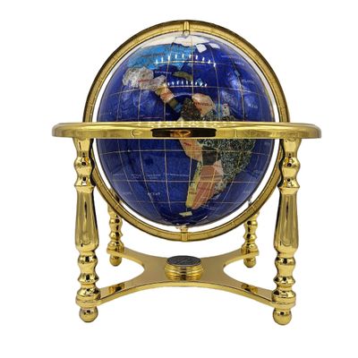 Limited Edition! Unique Art Since 1996 Blue Pearl Swirl Table Top Gemstone World Globe with 4 Leg Gold Zinc Alloy Stand (GOLD)