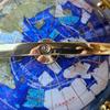 Limited Edition! Unique Art Since 1996 Blue Pearl Swirl Table Top Gemstone World Globe with 4 Leg Gold Zinc Alloy Stand (GOLD) view 3