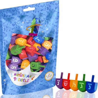 Wood Multi-Colored Dreidels Medium Sized Hanukkah Draydels with English Transliteration (500-Pack)