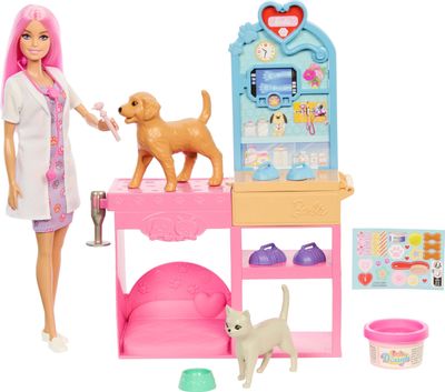 Barbie Quick Gypsum Animal Clinic Fashion Doll Playset with Pink Colored Hair, Clinic Furniture and Over 10 Accessories Including Moulds and Clay for Bandage, JFX93