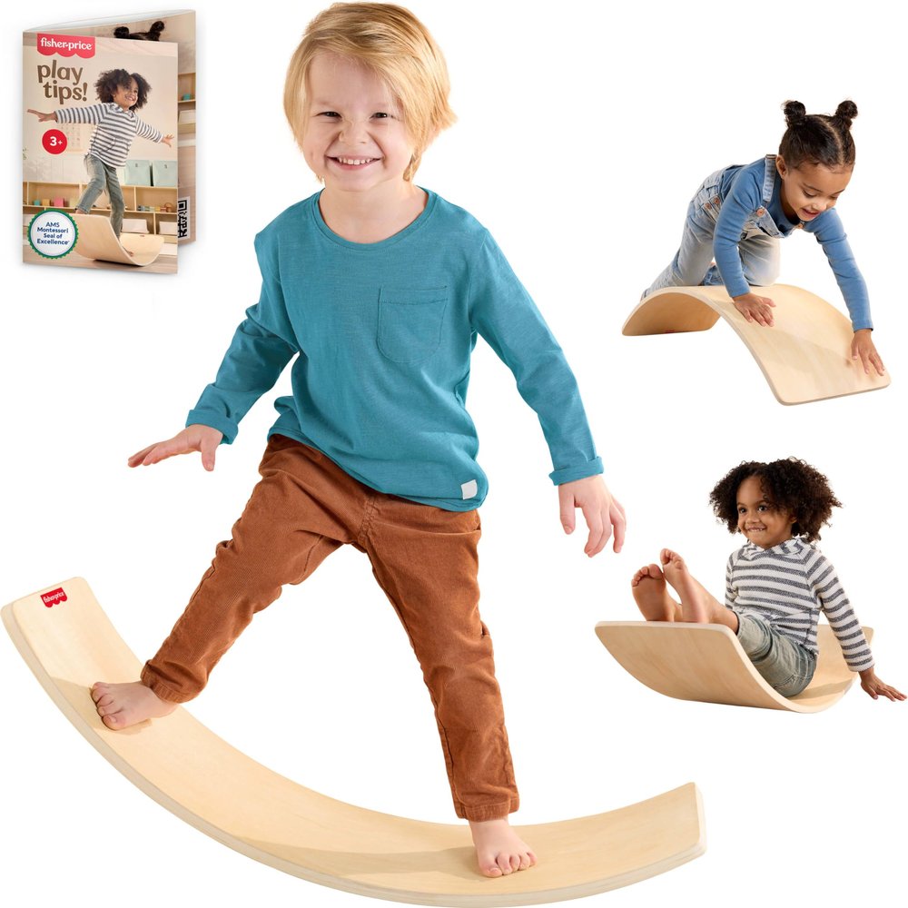 Fisher-Price Wood Montessori Toy Rockin' Balance Board, American Montessori Society Seal of Excellence, 31.7-Inch Wooden Motor Skills Learning Activity for Kids Ages 3+ Years(Amazon Exclusive)