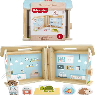 Fisher-Price Wooden On-The-Go Pet Animal Hospital With 6 Play Pieces For Preschool Kids