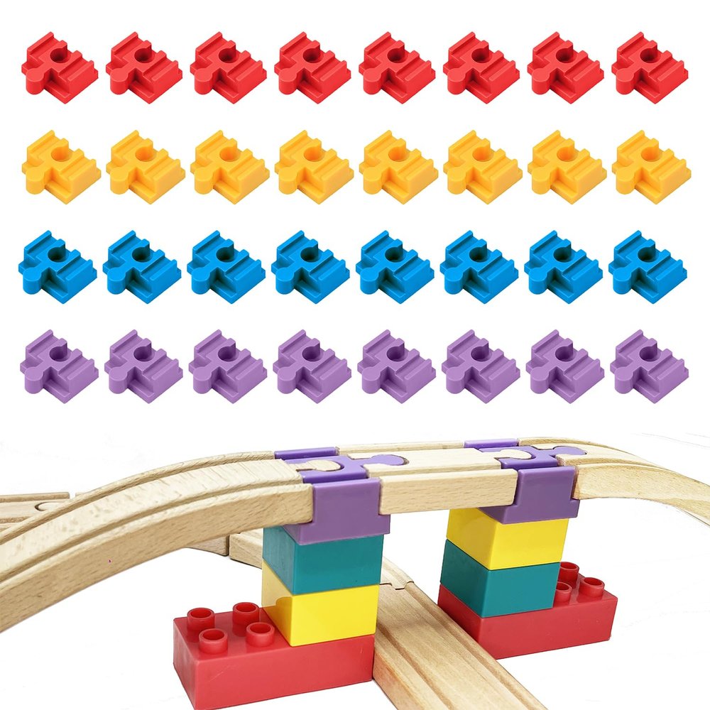 Bunu1492 Wooden Train Track Accessories, 32 pcs Wooden Track Connector, Compatible with All Major Brands Train Track, Christmas Birthday Gift for Boys Girls, Train Toys Expansion Pack for Kids Ages 3+