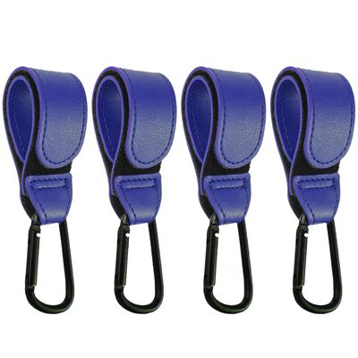 4 Pcs Leather Stroller Hook, Mommy Stroller Clip, Stroller Accessories Organizer Hook, Metal Hook for Strollers/Walkers/Mobility Scooter/Wheelchair/Rollator(Blue)