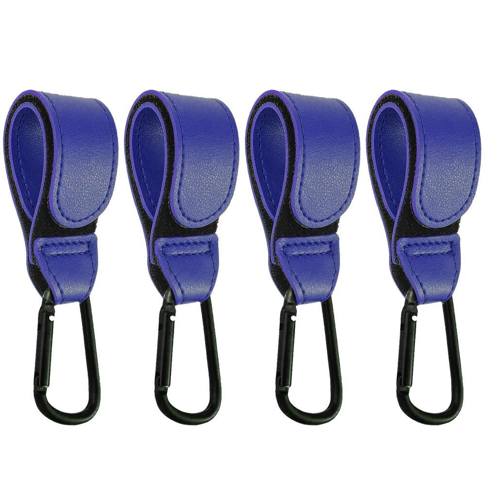 4 Pcs Leather Stroller Hook, Mommy Stroller Clip, Stroller Accessories Organizer Hook, Metal Hook for Strollers/Walkers/Mobility Scooter/Wheelchair/Rollator(Blue)