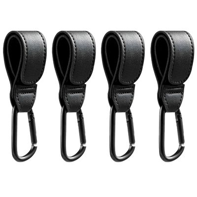 4 Pcs Leather Stroller Hook, Mommy Stroller Clip, Stroller Accessories Organizer Hook, Metal Hook for Strollers/Walkers/Mobility Scooter/Wheelchair/Rollator(Black)