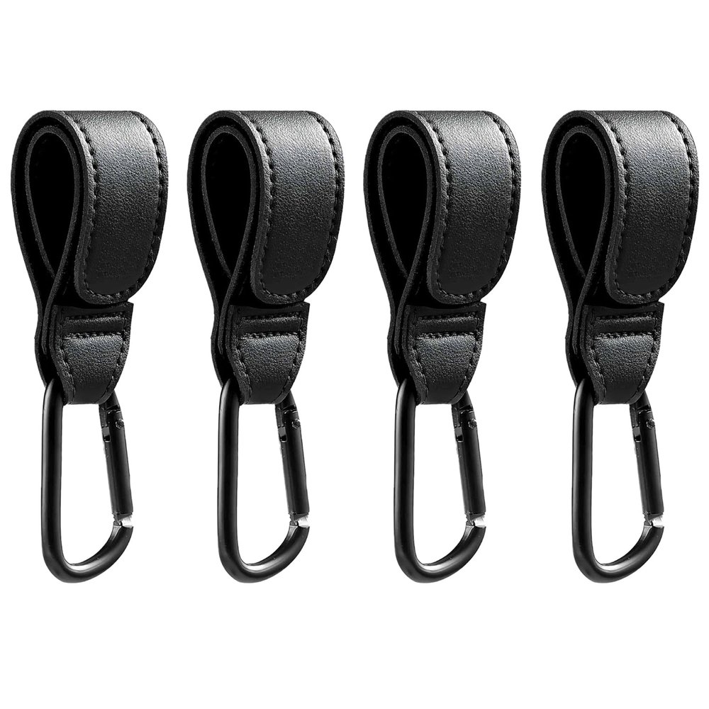 4 Pcs Leather Stroller Hook, Mommy Stroller Clip, Stroller Accessories Organizer Hook, Metal Hook for Strollers/Walkers/Mobility Scooter/Wheelchair/Rollator(Black)