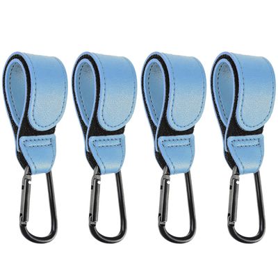 4 Pcs Leather Stroller Hook, Mommy Stroller Clip, Stroller Accessories Organizer Hook, Metal Hook for Strollers/Walkers/Mobility Scooter/Wheelchair/Rollator(SkyBlue)