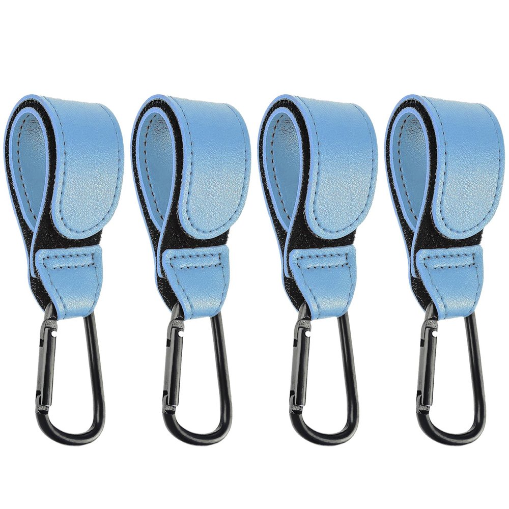 4 Pcs Leather Stroller Hook, Mommy Stroller Clip, Stroller Accessories Organizer Hook, Metal Hook for Strollers/Walkers/Mobility Scooter/Wheelchair/Rollator(SkyBlue)