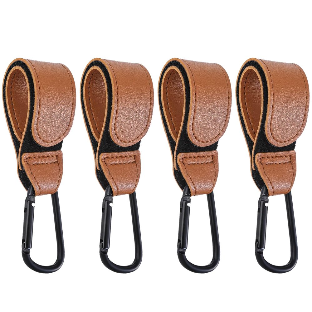 4 Pcs Leather Stroller Hook, Mommy Stroller Clip, Stroller Accessories Organizer Hook, Metal Hook for Strollers/Walkers/Mobility Scooter/Wheelchair/Rollator(Brown)