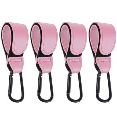 4 Pcs Leather Stroller Hook, Mommy Stroller Clip, Stroller Accessories Organizer Hook, Metal Hook for Strollers/Walkers/Mobility Scooter/Wheelchair/Rollator(Pink)