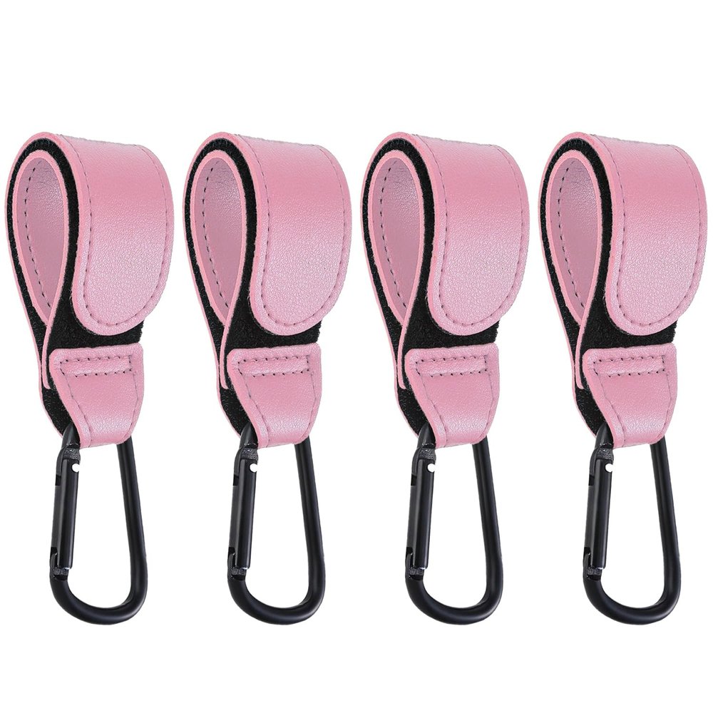 4 Pcs Leather Stroller Hook, Mommy Stroller Clip, Stroller Accessories Organizer Hook, Metal Hook for Strollers/Walkers/Mobility Scooter/Wheelchair/Rollator(Pink)