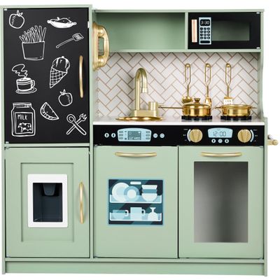 Best Choice Products Pretend Play Kitchen Wooden Toy Set for Kids w/Realistic Design, Telephone, Utensils, Oven, Microwave, Sink - Sage