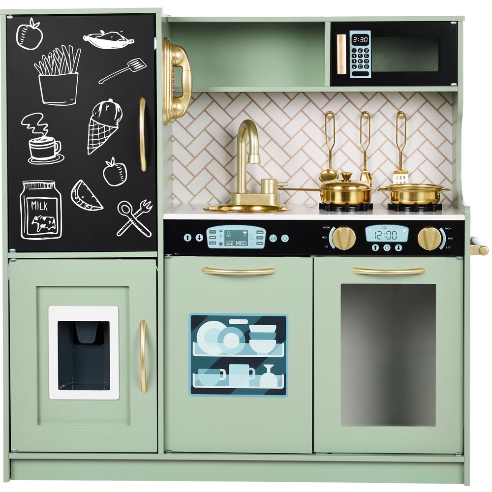 Best Choice Products Pretend Play Kitchen Wooden Toy Set for Kids w/Realistic Design, Telephone, Utensils, Oven, Microwave, Sink - Sage