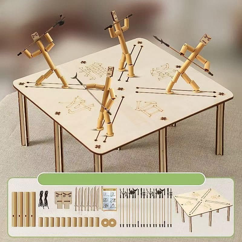 Bamboo Puppet Fighting Game, Wooden Weapon Set, Table Top Party Game  Funny Bamboo Puppet Kit with Fighting Table, Fun Battle Party Game(Four-Player)