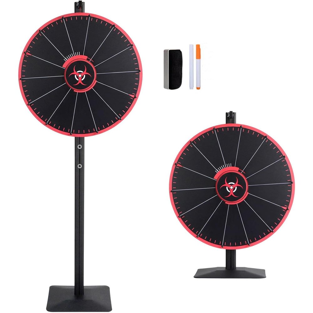 24 Inch Spinning Prize Wheel, 2 in 1 Height Adjustable Roulette Spinning Game with 14 Slots, 2 Dry Erase Marker and Eraser, Fortune Spinner for Party Carnival Tradeshow
