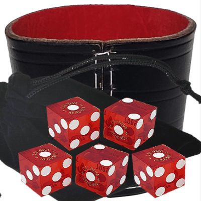 Authentic Casino Dice w/Pouch + Genuine Leather Cup Wide Opening (Red Felt Lining, Reno Cal Neva Red Polished)