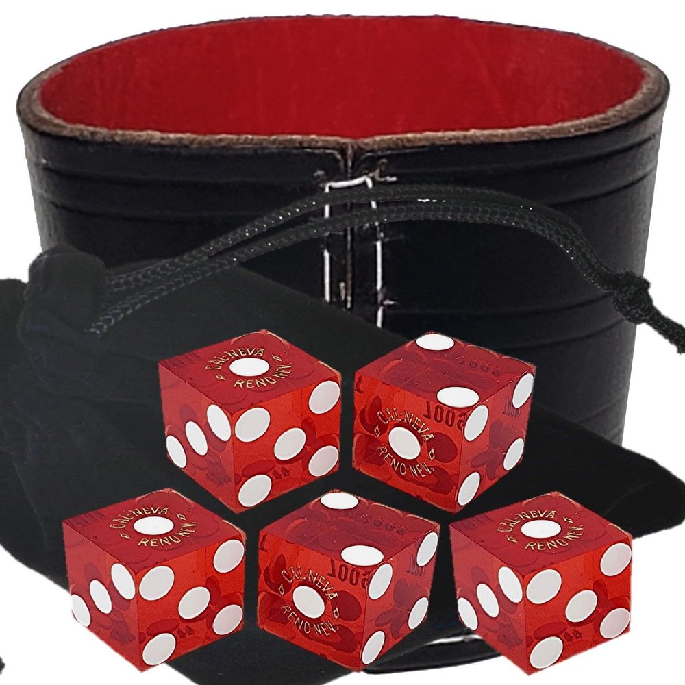 Authentic Casino Dice w/Pouch + Genuine Leather Cup Wide Opening (Red Felt Lining, Reno Cal Neva Red Polished)