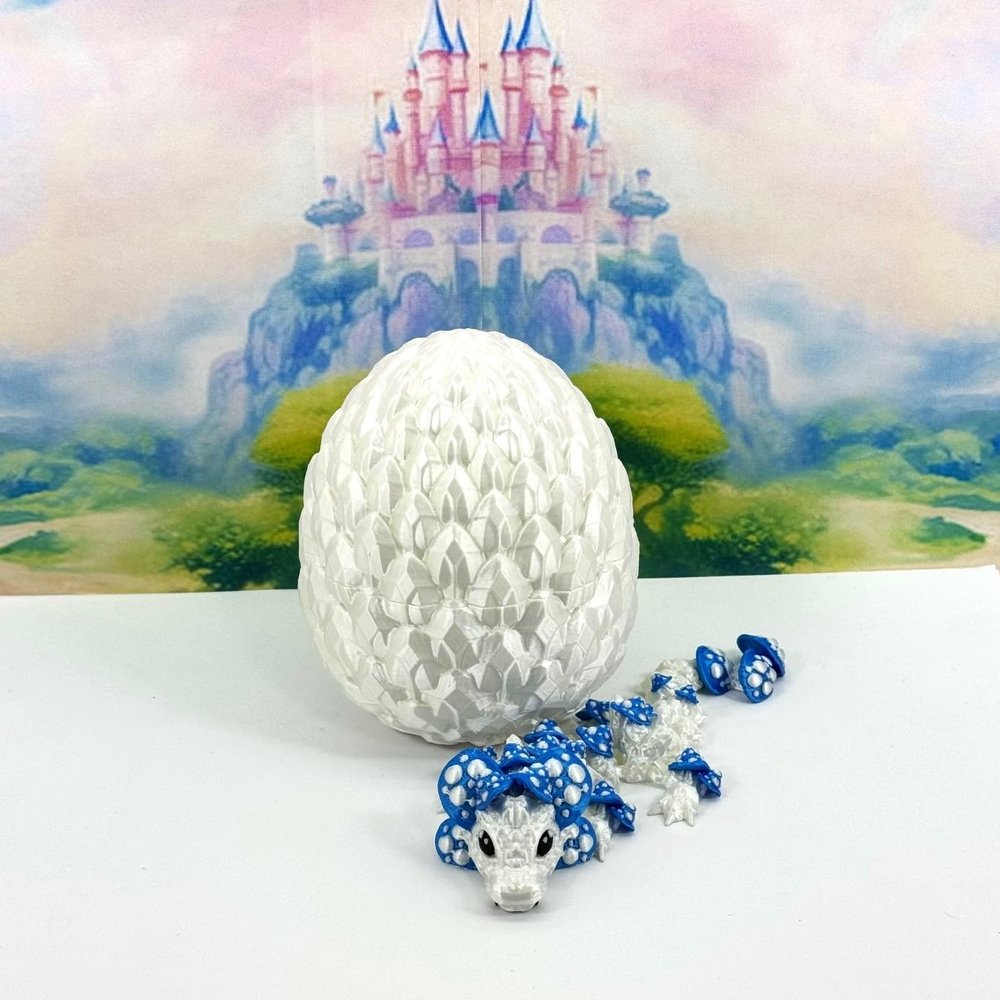 3D Printed Baby Dragon with Dragon Egg, Articulated White and Blue Mushroom Baby Dragon, Fidget ADHD Autism Toy BD006-WB