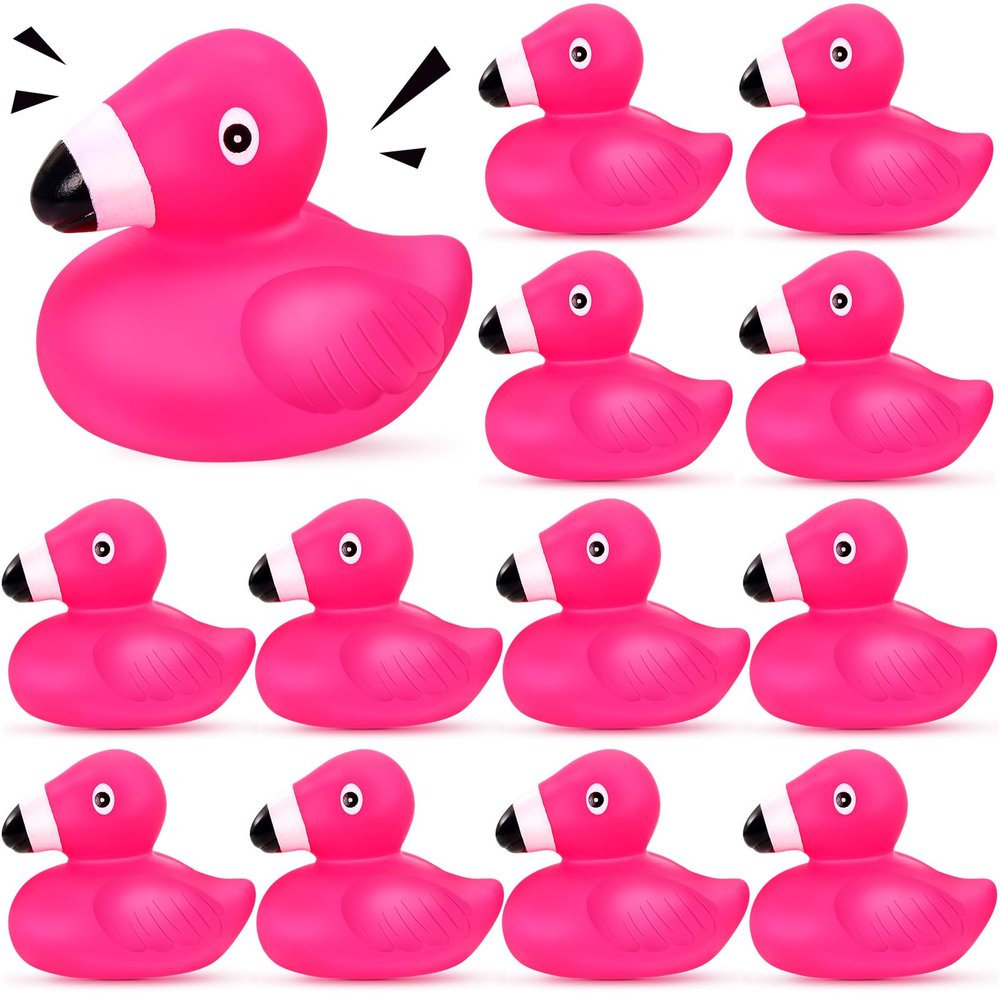 12 PCS Flamingo Rubber Ducks, Pink Cute Flamingo Duck, Floating Squeaky Bath Toys for Baby Shower Birthday Party Favors, Mini Rubber Ducks for Cake Decoration Classroom Prizes