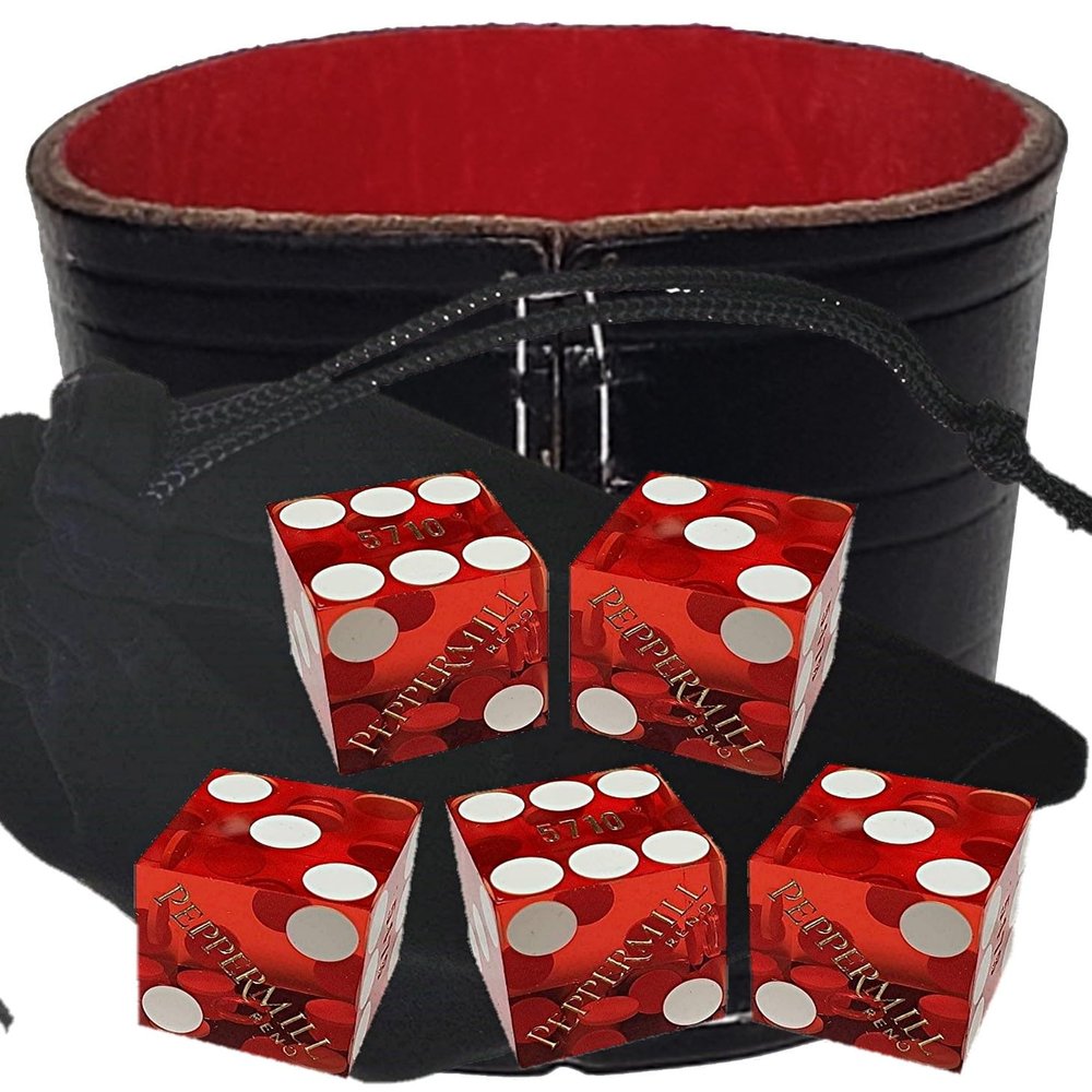 Authentic Casino Dice w/Pouch + Genuine Leather Cup Wide Opening (Red Felt Lining, Reno Peppermill Red Polished)