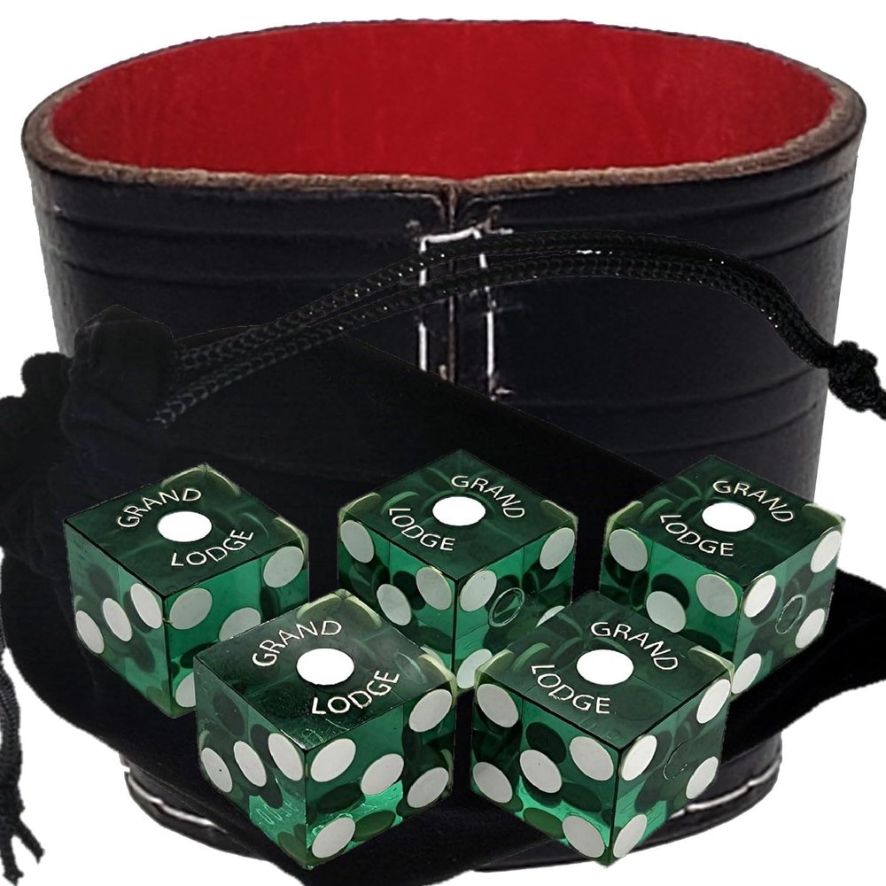 Authentic Casino Dice w/Pouch + Genuine Leather Cup Wide Opening (Red Felt Lining, Lake Tahoe Hyatt Regency Grand Lodge Green Polished)