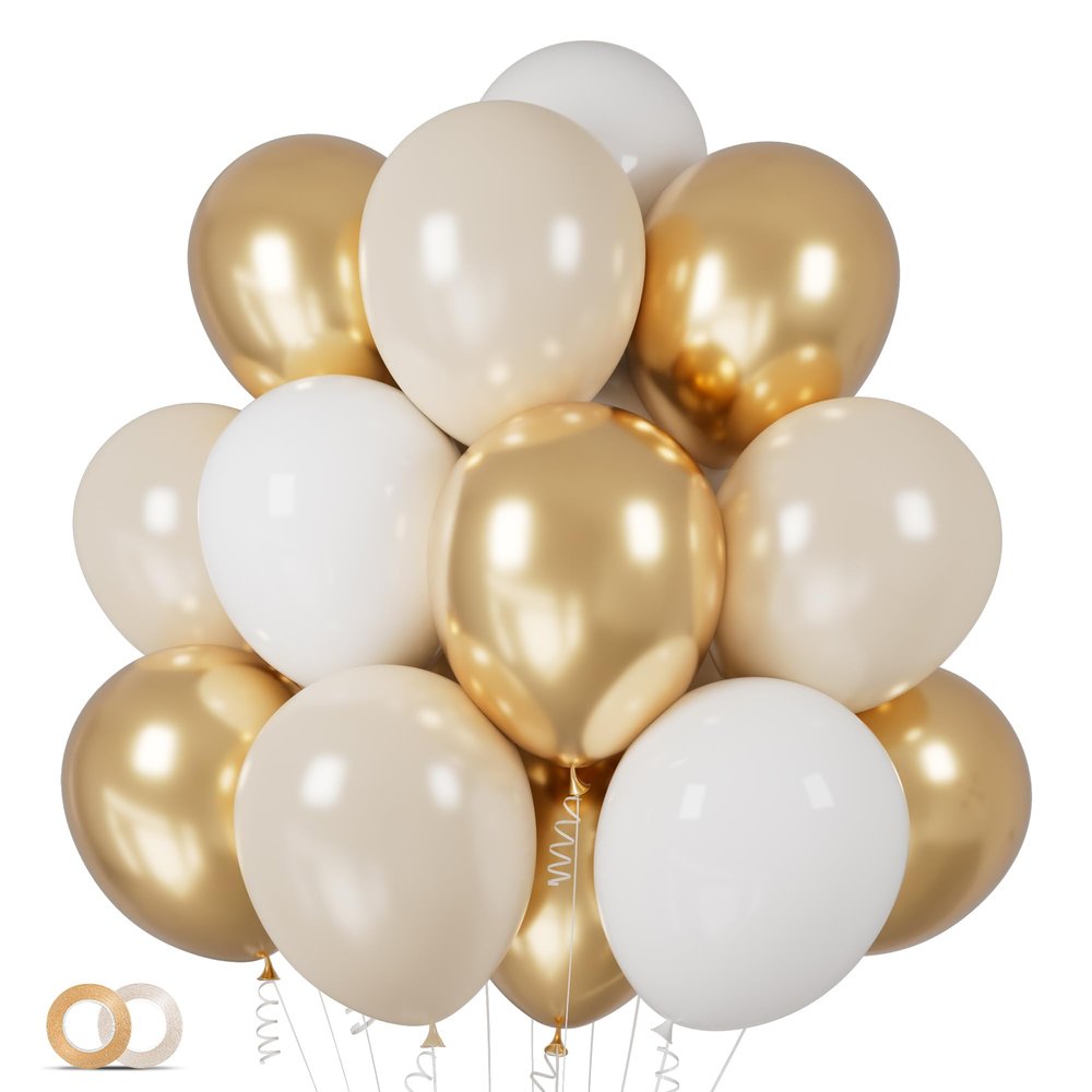 100Pcs White and Gold Balloons 12 Inch White Sand Gold Metallic Latex Balloons Beige Gold Party Balloons for Boho Wedding Birthday Baby Bridal Shower Engagement Anniversary Party Decorations